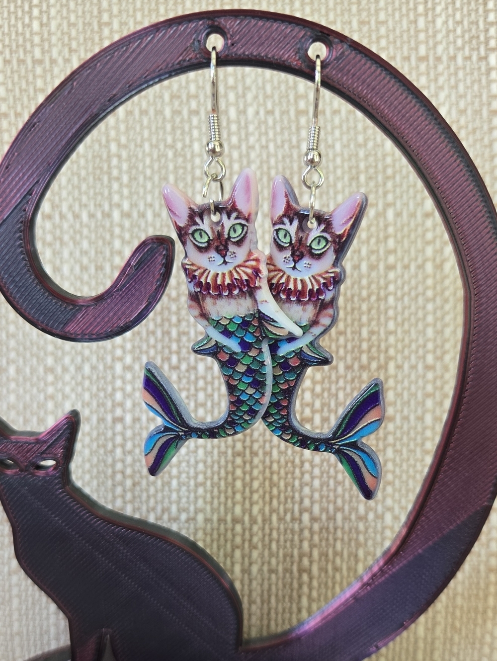 Cat Mermaid Dangle Earrings in Multicolor Never Worn.